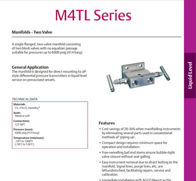 M4TL Series - 2 Valve Liquid Level Manifolds